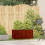 Rostiger Pflanzkübel aus wetterfestem Stahl mit grünen Pflanzen auf Terrasse. Ideal für Garten & Balkon.