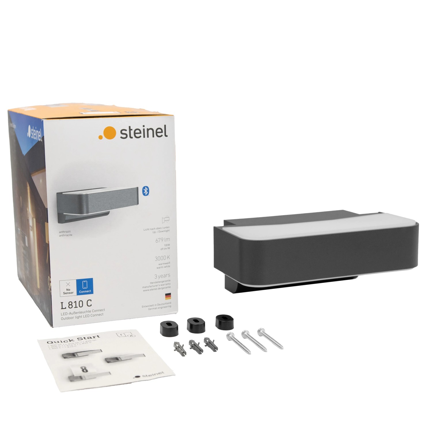 Steinel LED-Außenleuchte L 810 C in Anthrazit, Auf- und Abwärtslicht, mit Zubehör.