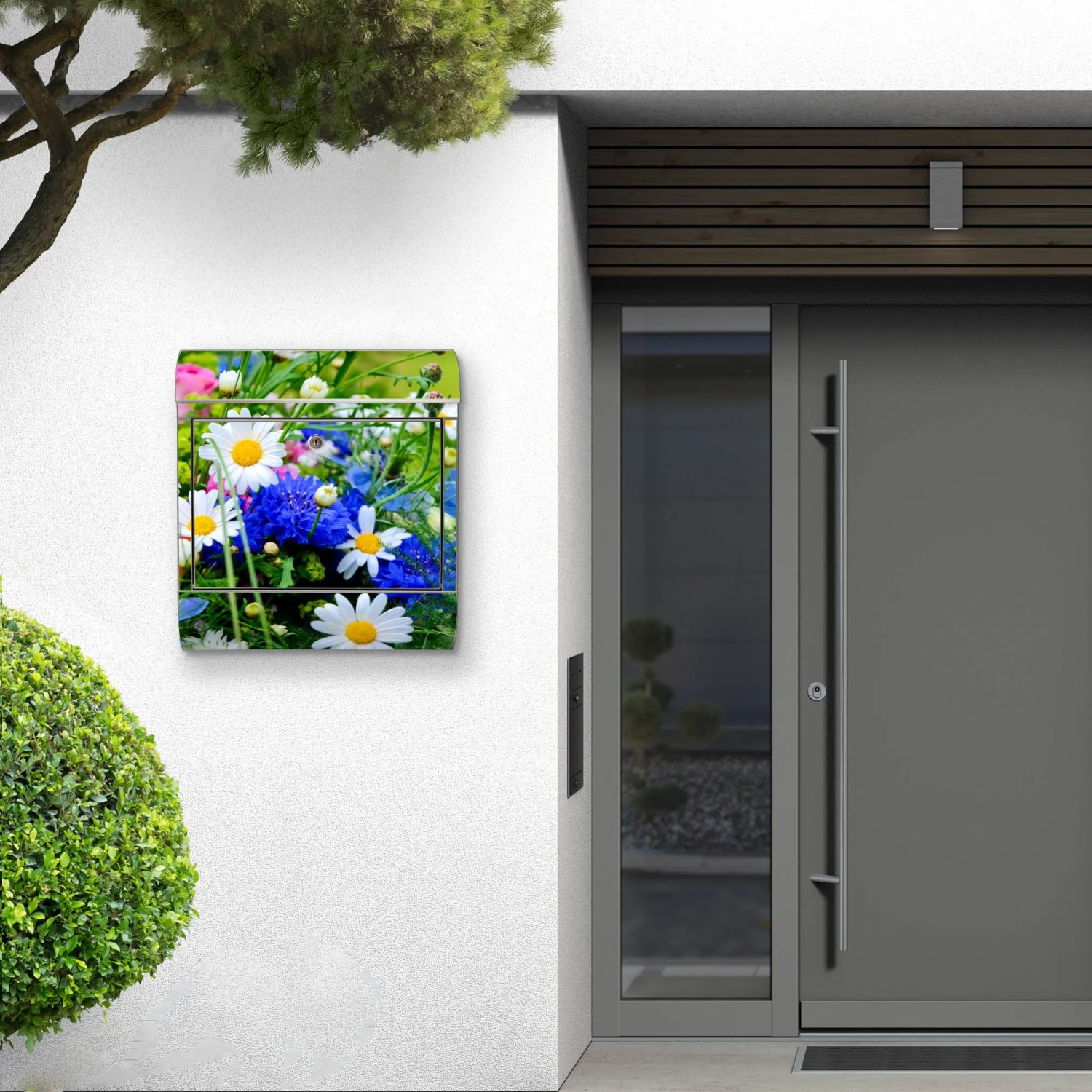 Edelstahl Briefkasten mit Blumenstrauß Motiv und Zeitungsfach. Rostfrei und wetterfest.
