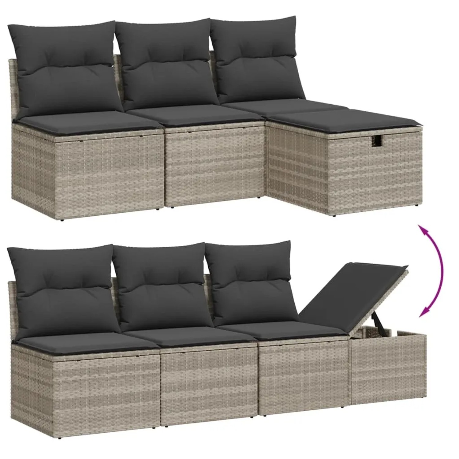 Hellgraue 8-tlg. Garten-Sofagarnitur aus Polyrattan mit grauen Kissen. Gartenmöbel für Terrasse und Garten.
