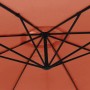 Unterseite des terrakottafarbenen Ampelschirms mit schwarzem Metallgestell, robusten Schirmrippen und Entlüftungsöffnung.
