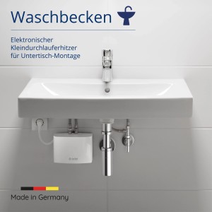 Saniself Kleindurchlauferhitzer Untertisch am Waschbecken montiert.