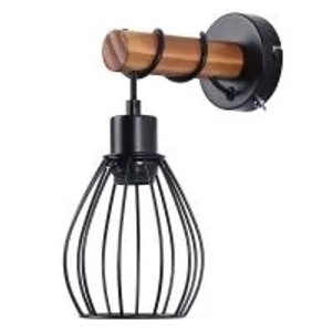 Vintage Wandleuchte mit schwarzem Metallkäfig und Holzarm. Industrial-Design Lampe mit E27-Fassung und Schalter.