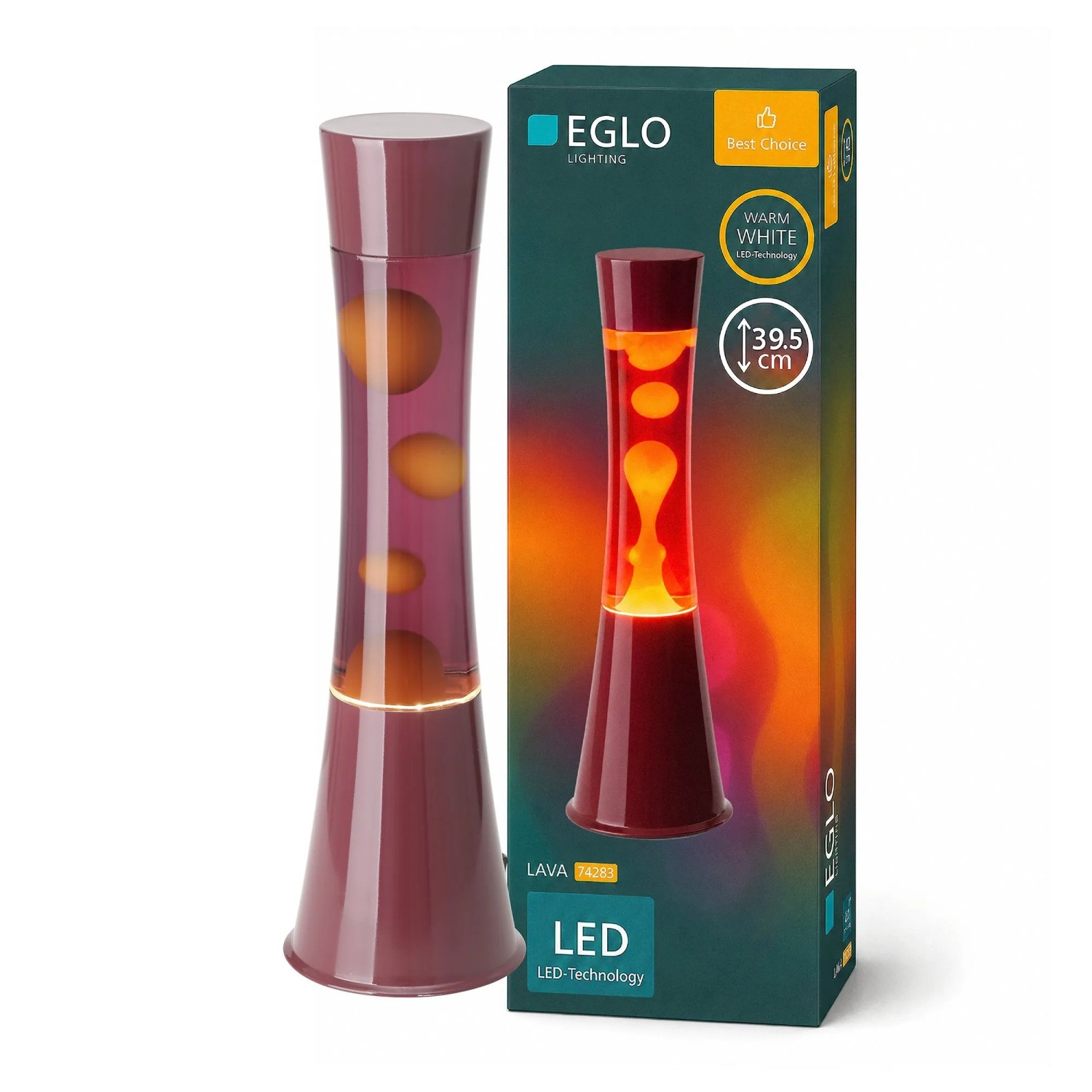 Eglo LED-Lavatischleuchte Bordeaux/Orange, 39,5 cm hoch, mit weinroter Flüssigkeit und orangem Wachs. Moderne LED-Tischlampe.