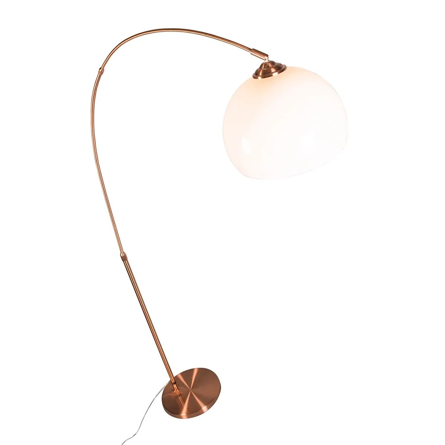 Moderne Bogenlampe in Kupfer mit weißem Schirm (Arc Basic) für Innenräume.