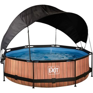 EXIT Wood Pool, Ø 300 cm, braun, mit Filterpumpe und Sonnensegel.
