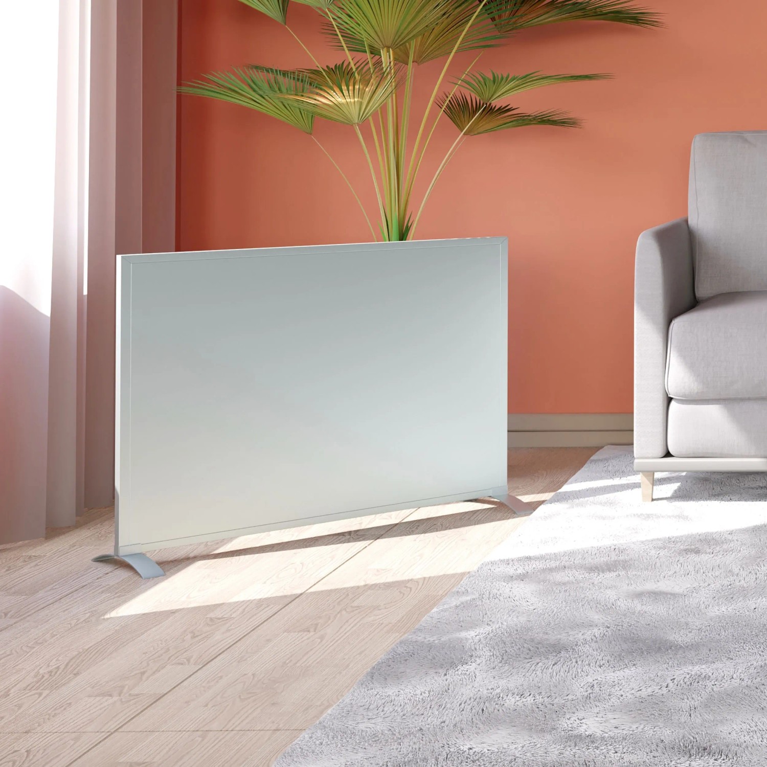 WiFi-Infrarot-Panel-Heizer Odda 540 W im Wohnraum, elektrische Heizung mit App-Steuerung.