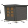 Karibu Gartenhaus Diego B, terragrau-anthrazit, 4,45 m², mit Doppeltür und Maßangaben.