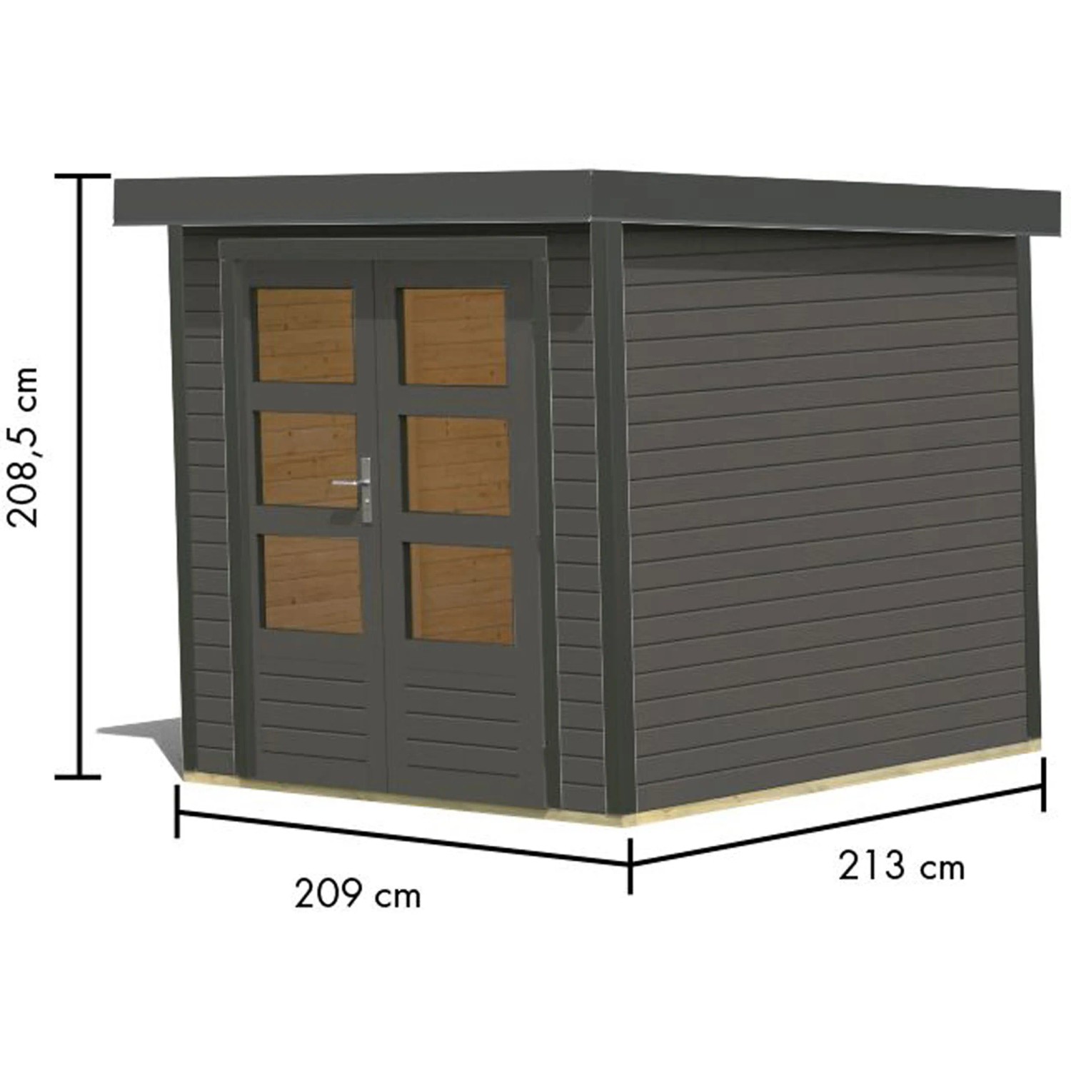 Karibu Gartenhaus Diego B, terragrau-anthrazit, 4,45 m², mit Doppeltür und Maßangaben.