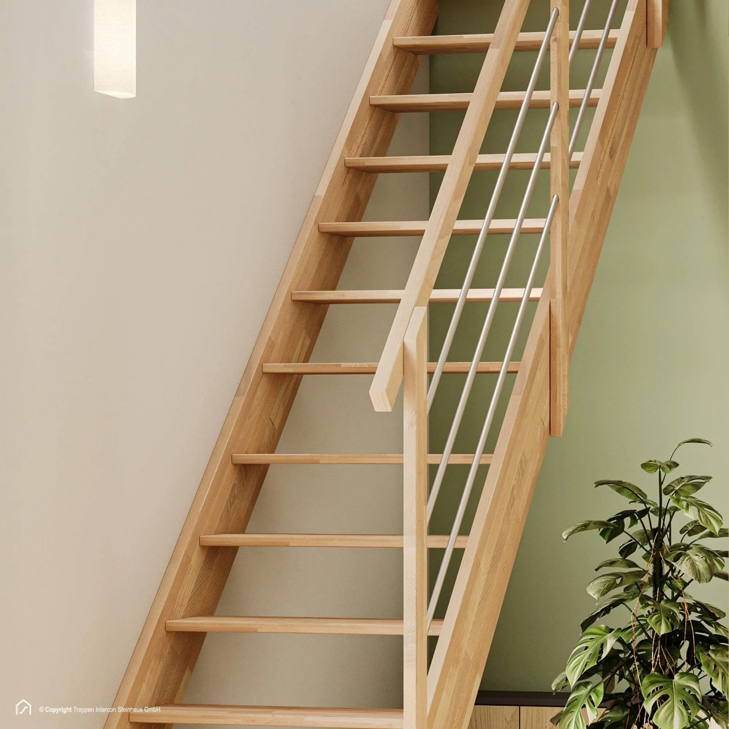 Helle Raumspartreppe Palermo aus naturbelassenem Buchenholz mit Edelstahlgeländer. Ideal für Innentreppen bis 280 cm Höhe.