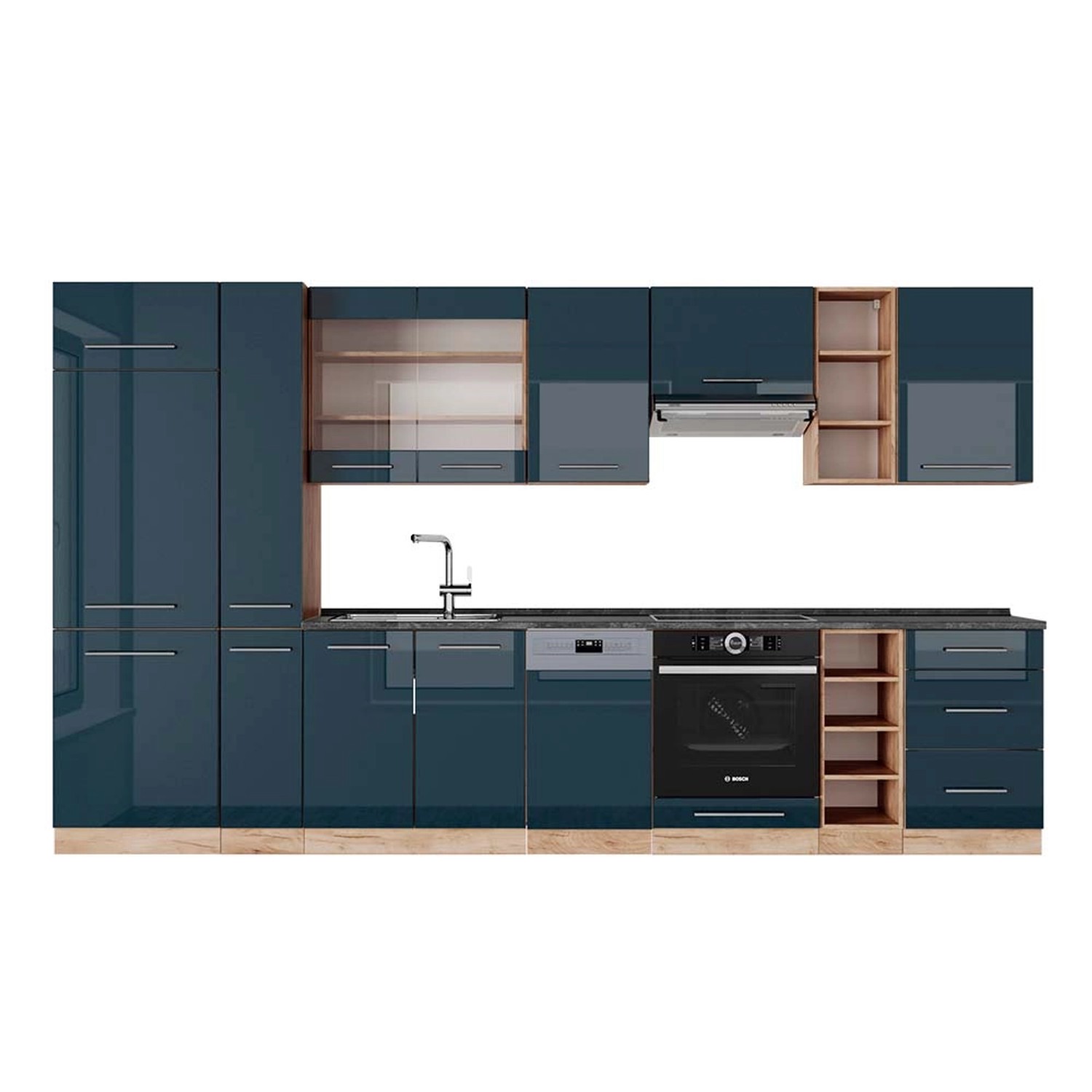 Vicco Fame-Line Küchenzeile Dunkelblau Hochglanz/Goldkraft Eiche 355 cm AP günstig online kaufen