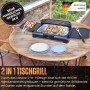Sommertal Elektrogrill BBQ231 2in1 mit Grillgut und Zubehör auf Holztisch.