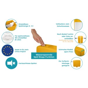 Calmwaters Aufputz-Spülkasten in Curry-Gelb mit Spül-Stopp Funktion. Sanitärinstallation für WC.