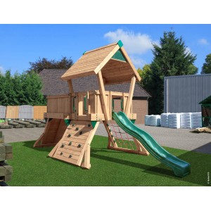 Hy-Land Spielgerät Q3 aus Douglasie mit Rutsche, Kletterwand und Netz für Kinder.