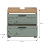 Waschbeckenunterschrank in Salbei mit Schubladen, 60 cm breit, mit Maßangaben.