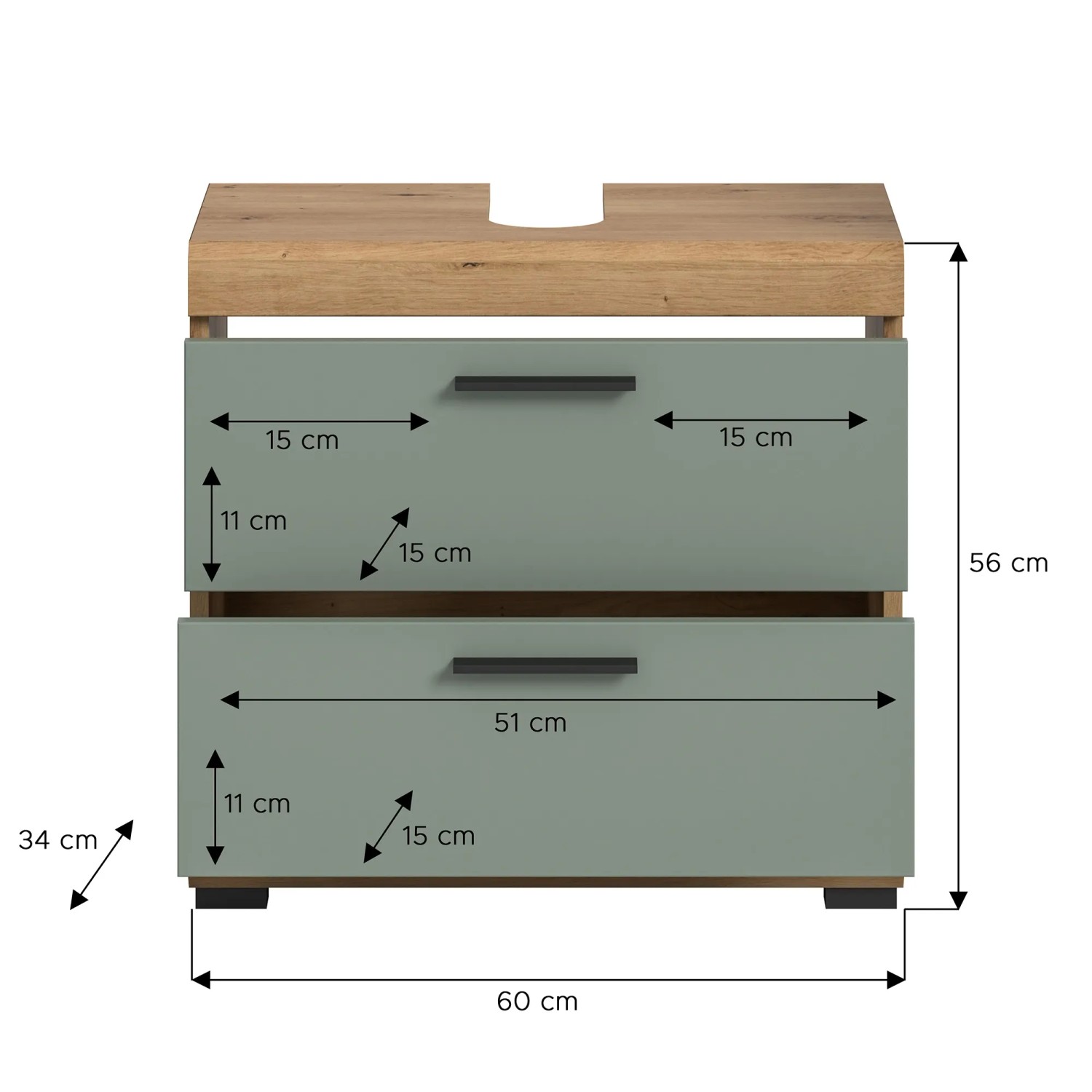 Waschbeckenunterschrank in Salbei mit Schubladen, 60 cm breit, mit Maßangaben.