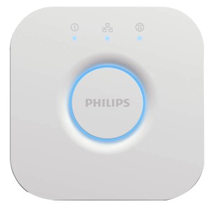 Weiße Philips Hue Bridge zur Steuerung von Hue Leuchten. Smarte Lichtsteuerung für Ihr Zuhause.