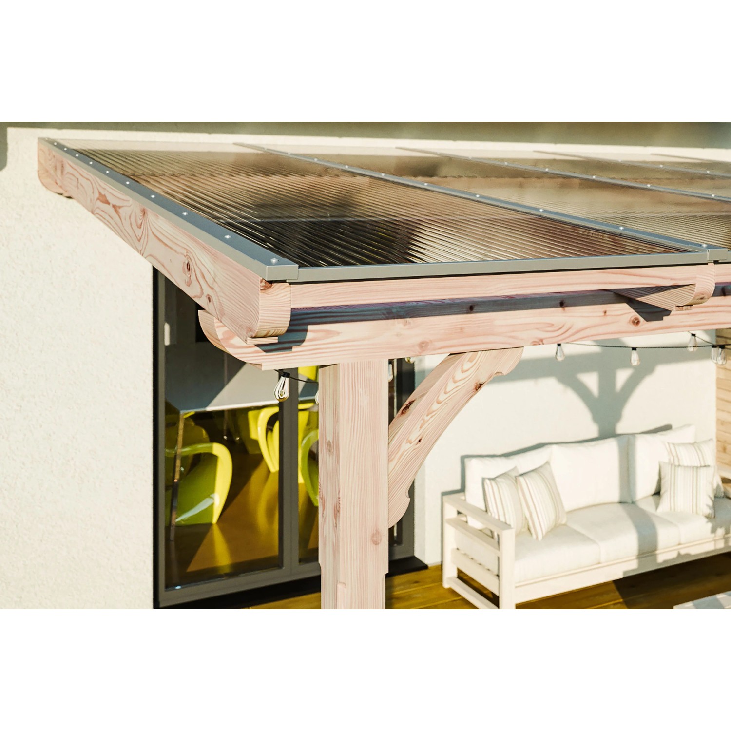 Skan Holz Terrassenüberdachung Rimini aus Douglasie mit Doppelstegplatten, Detailansicht.