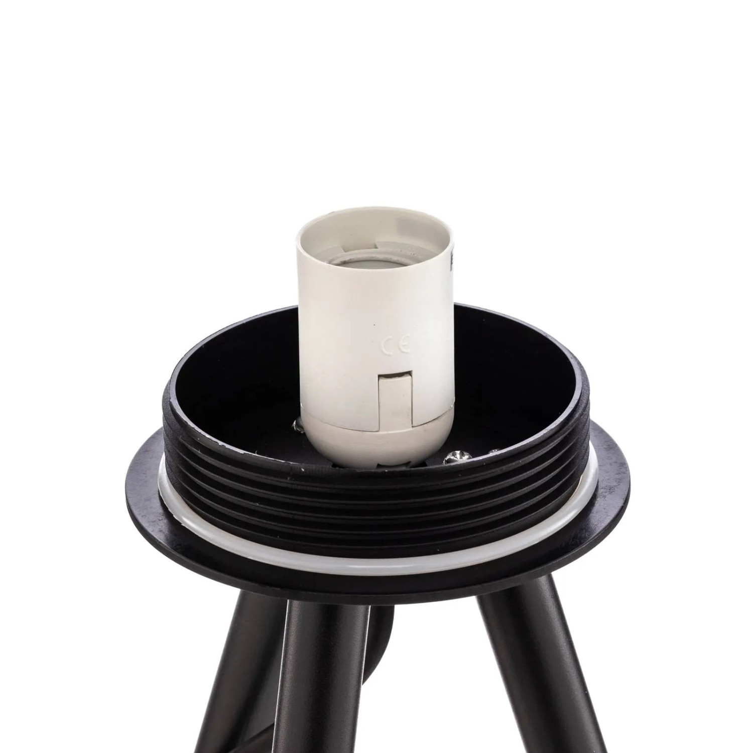 Detailaufnahme der Lucande Jaimy Tripod Leuchte in Schwarz mit E27 Fassung.
