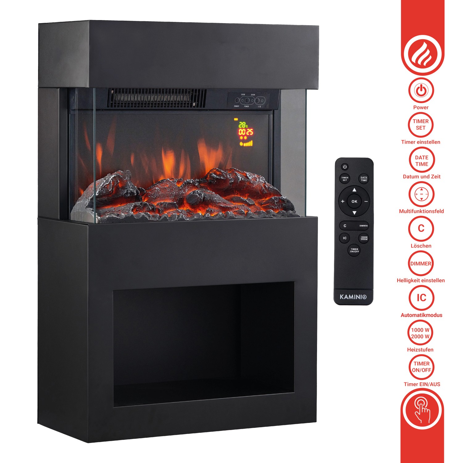 Schwarzer Kaminio Elektrokamin Henri mit 3D-Flammeneffekt und Holzfach.