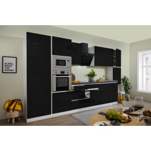 Respekta Premium Küchenzeile, 385 cm, Schwarz Hochglanz/Weiß, mit E-Geräten.