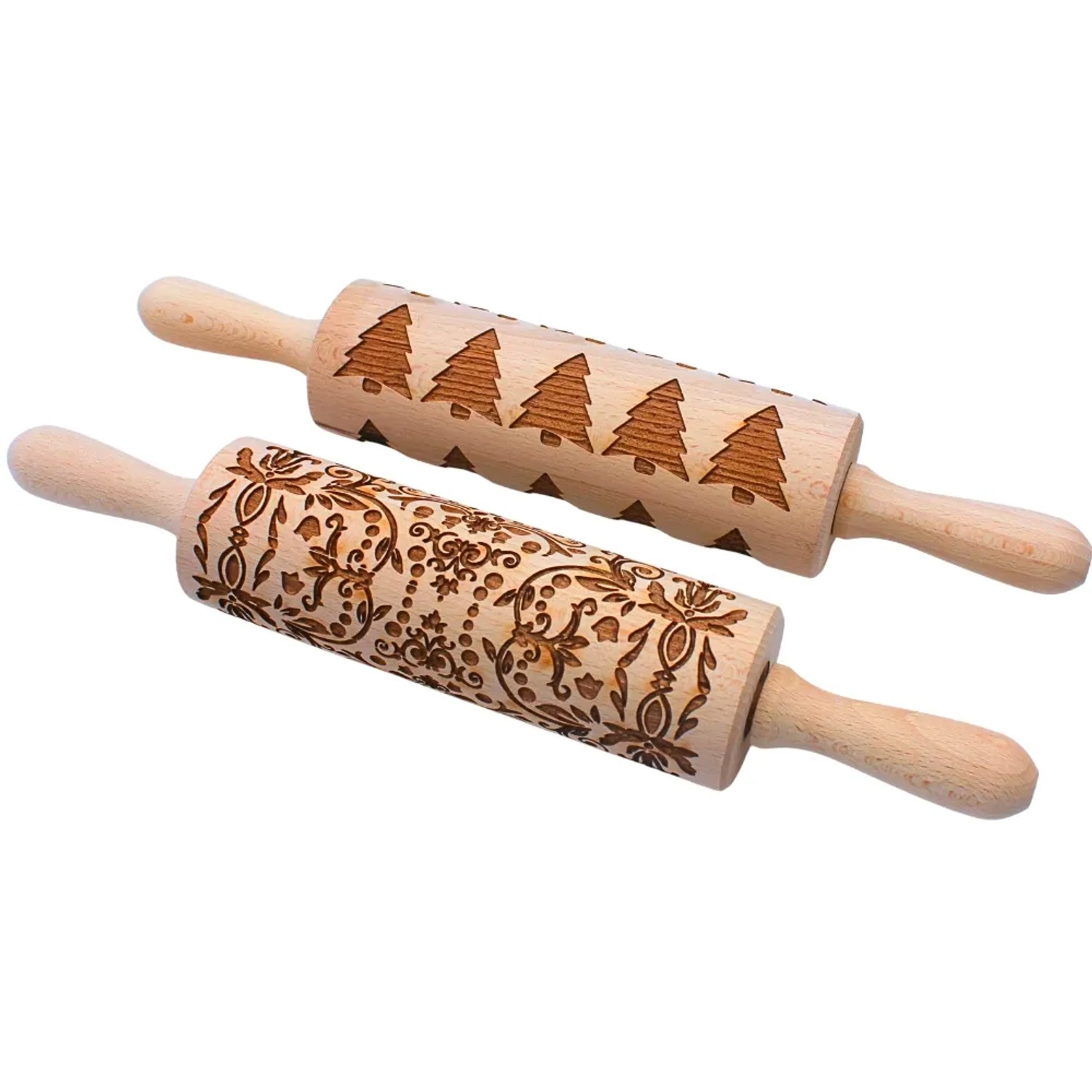 Dekohelden24 2er Set Holz Teigroller Spekulatiuswalze Plätzchenrolle Teigroller für Kekse Nudelhölzer Groß 2 Motiven Made in EU L/B/H 37 x 6 x 6 cm