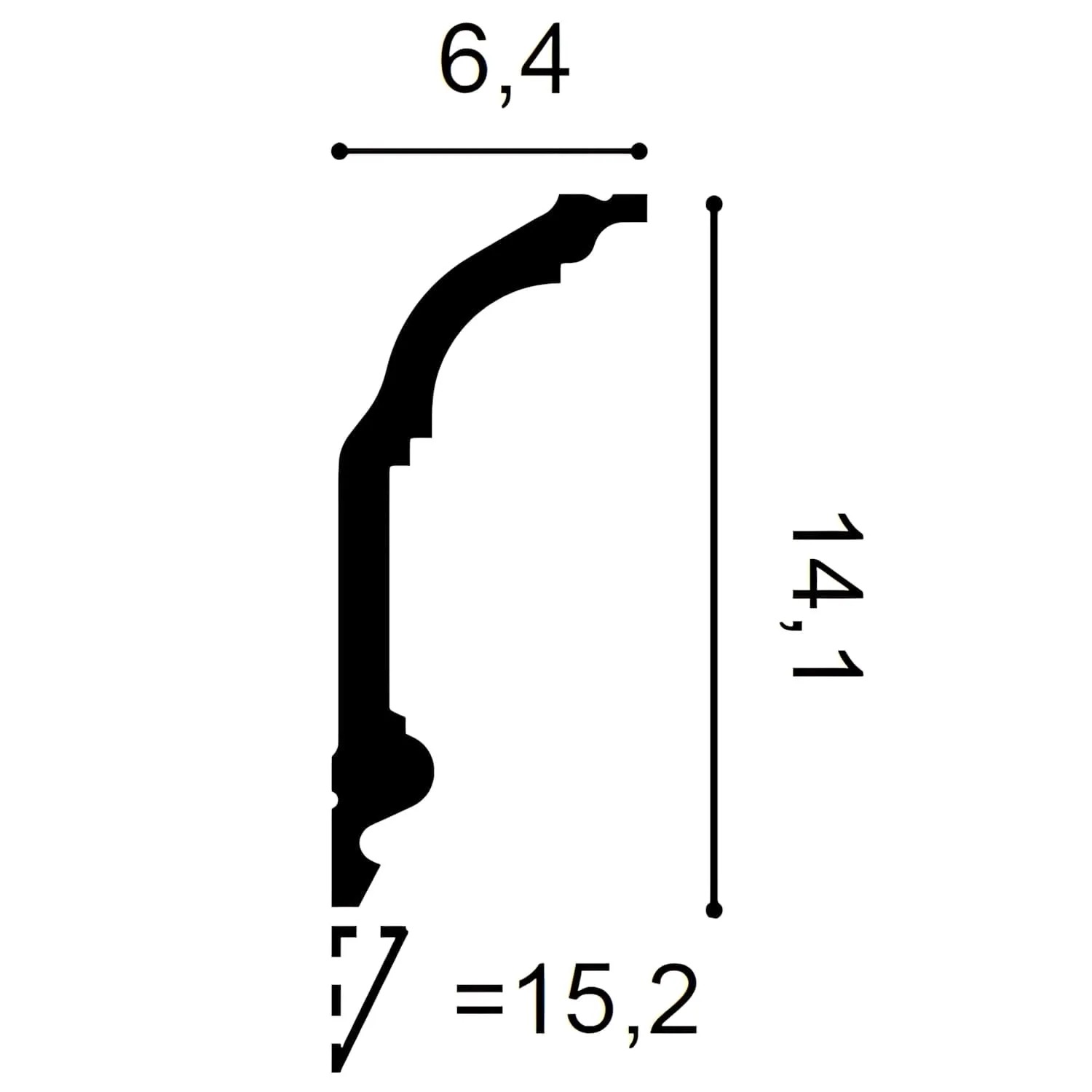 Detailzeichnung ORAC DECOR C339 LUXXUS Zierleiste, Maße: 6,4 x 14,1 cm.