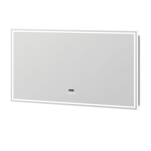 Rechteckiger Badspiegel 120x70cm mit dimmbarer LED-Beleuchtung, Uhr, Bluetooth und Touch-Bedienung. Beschlagfrei.
