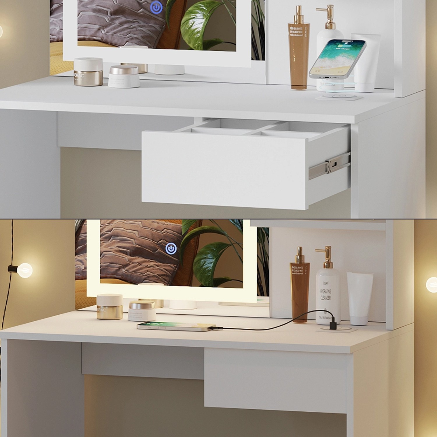 Vicco Schminktisch Dekos Weiß 75 cm mit LED-Spiegel QI-Ladegerät und Bank günstig online kaufen