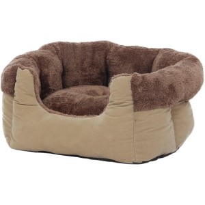 Beiges Hunde- und Katzenbett Safari Größe S, Plüsch mit braunem Innenfutter.