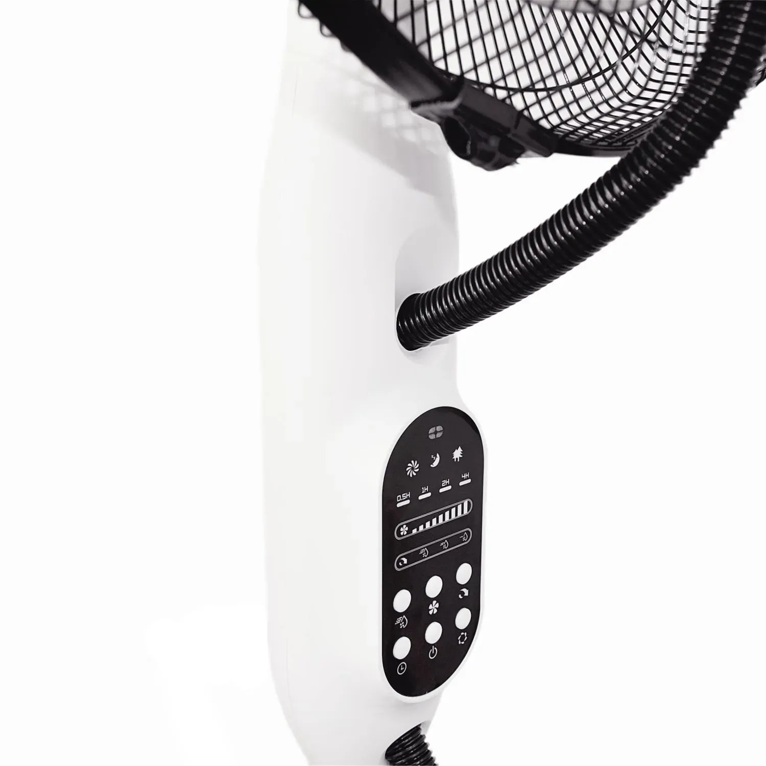 Detailaufnahme: Weißer TroniTechnik Standventilator SV06 mit Bedienfeld und schwarzem Gitter.