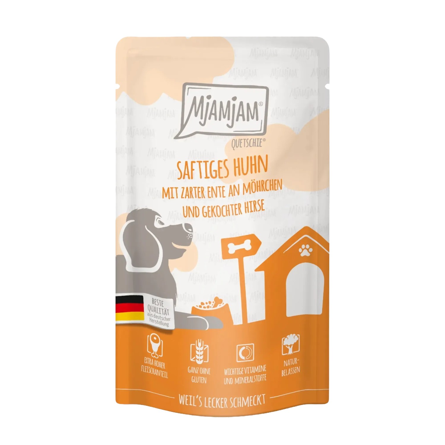 Mjamjam Hunde-Nassfutter Quetschie Huhn & Ente mit Möhrchen & Hirse 125 g