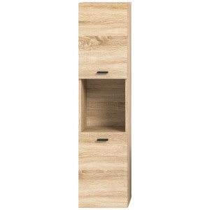 Badschrank in Sonoma Eiche Optik, 30x125x29 cm, mit Schubladen und offenem Fach.