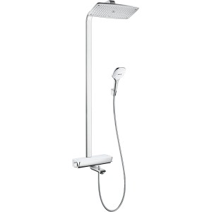 Hansgrohe Raindance Brauseset mit Kopf- und Handbrause, Wannenthermostat in Weiß-Chrom.