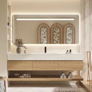 Modernes wandhängendes Waschtisch Set 120 cm: Sinterstein Travertin Optik Waschbecken, Holz-Unterschrank, LED-Spiegel.