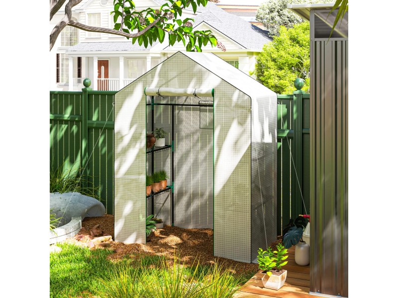 Outsunny Begehbares Gewächshaus Mit 4 Regalen – 120 X 186 X 190 Cm, Verstärkte PE-Abdeckung, Rolltür, Für Garten & Pflanzen