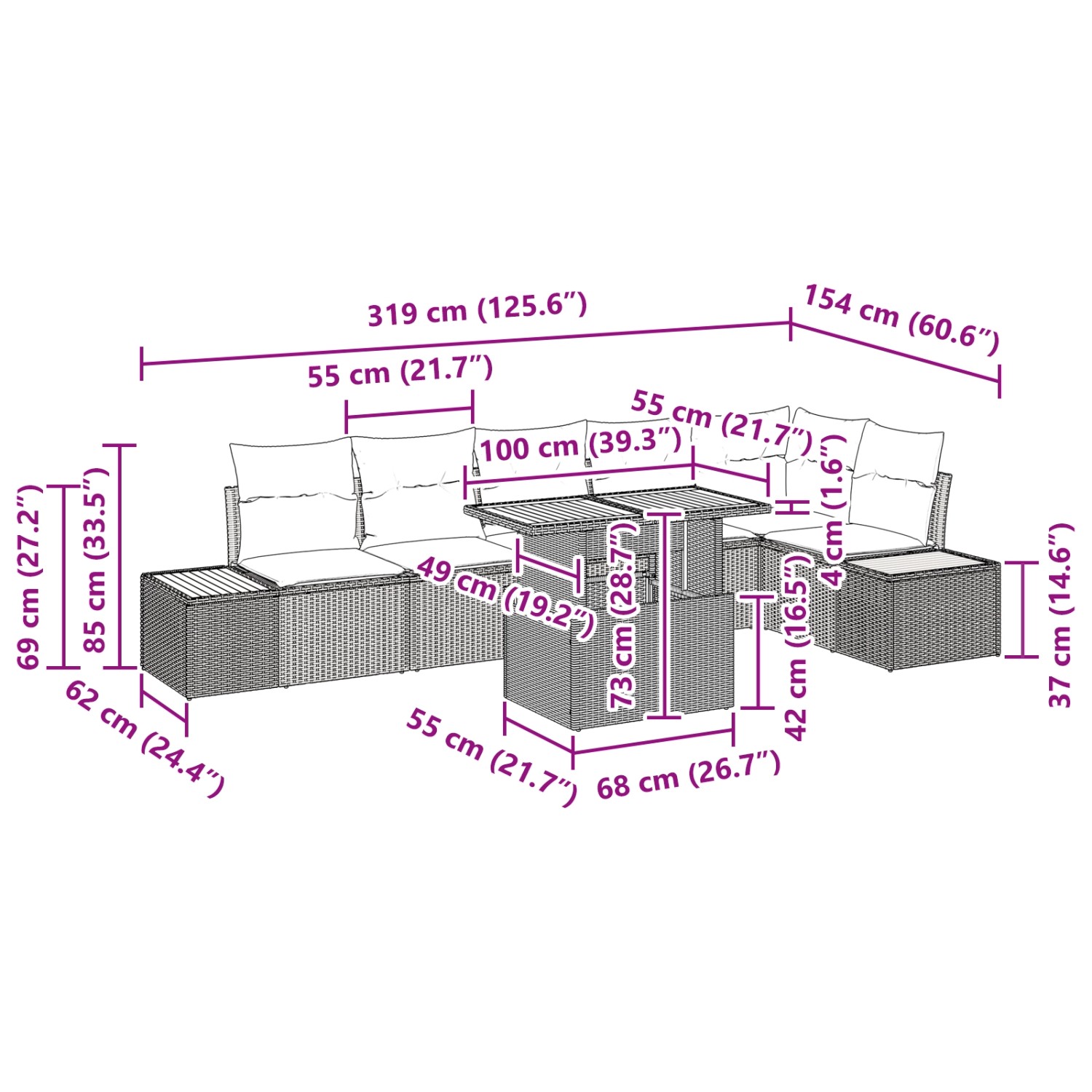 vidaXL Garten-Sofa-Set, 7-teilig, grau, Poly Rattan, mit Maßen. Ideal für Terrasse und Garten.