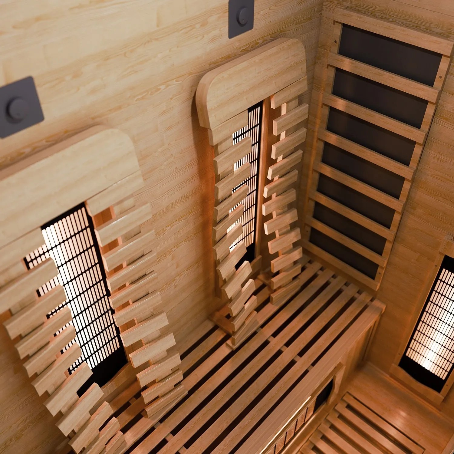 Innenansicht der Artsauna Infrarotkabine Kiruna130 Premium mit Hemlock-Holz und Dual Technologie.