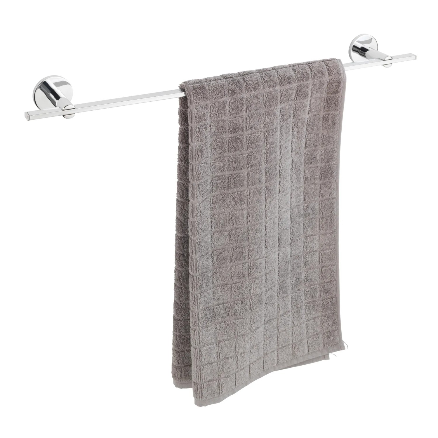 Wenko Badetuchstange Uno Isera, 60 cm, silber glänzend mit grauem Handtuch.
