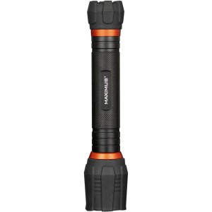 Schwarze Maximus LED Taschenlampe mit orangefarbenen Akzenten, 255 Lumen, benötigt 2xAAA Batterien.
