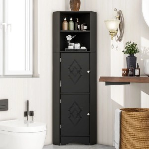 PXloue Badschrank Badezimmerschrank Schwarz mit Türen offenen Fächern und Einlegeboden