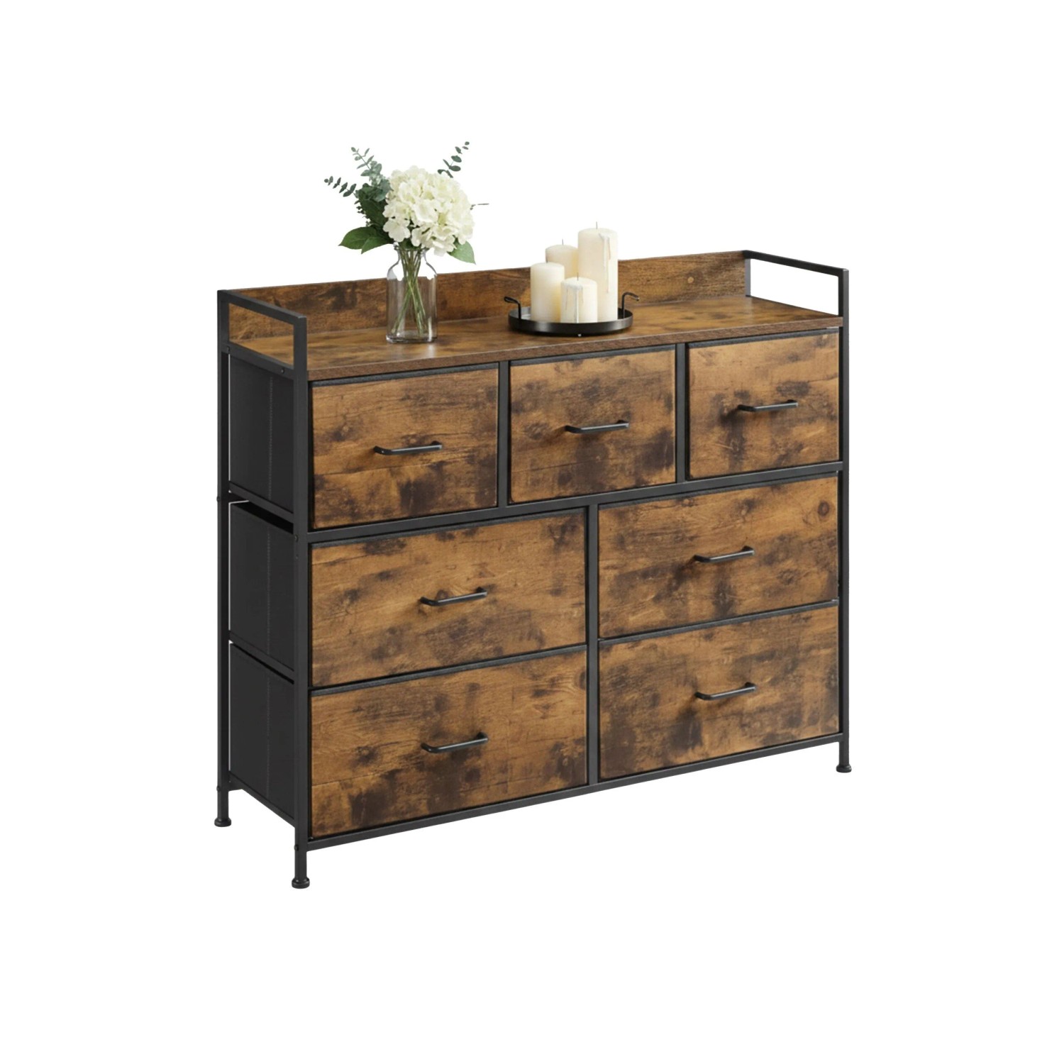 Relaxdays Kommode Metall MDF Stoff Vintagebraun mit 7 Schubladen 98 cm x 85 cm x 28,5 cm 10,2 kg