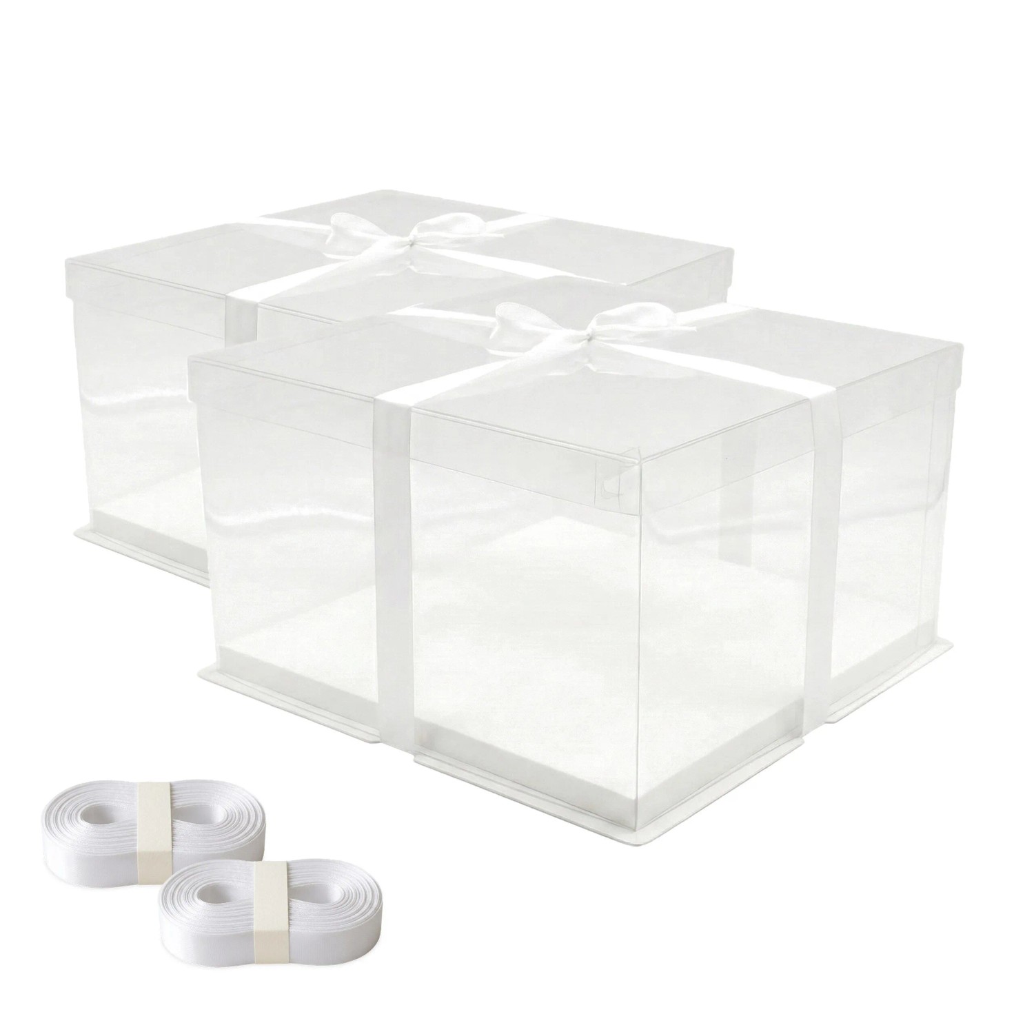 Relaxdays Tortenbox PET Weiß 2er Set mit Satinband 20 cm x 30 cm x 30 cm
