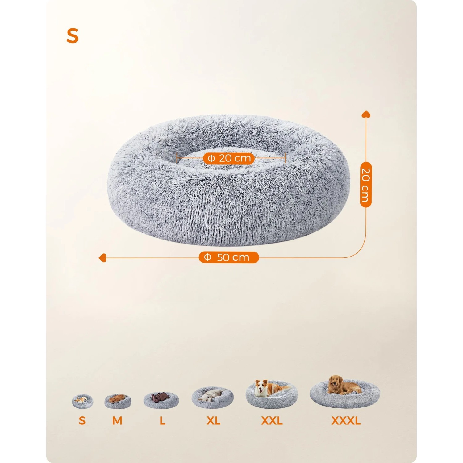 Graues, flauschiges Feandrea Hundebett, 50 cm Durchmesser, mit weicher Plüsch-Liegefläche und hohem Rand.