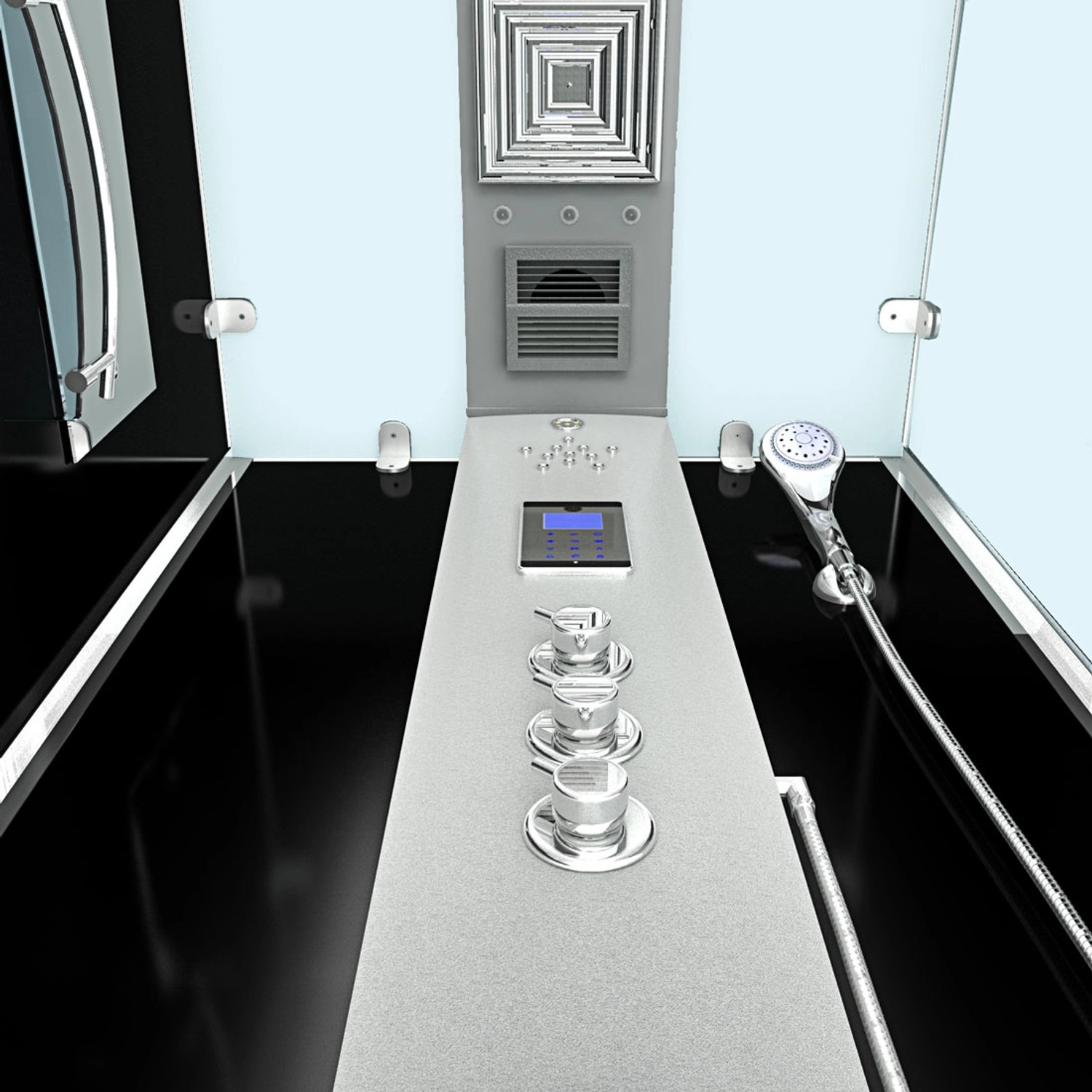 Innenansicht der AquaVapore Duschkabine 100x100 mit Armaturen, Display und Handbrause.