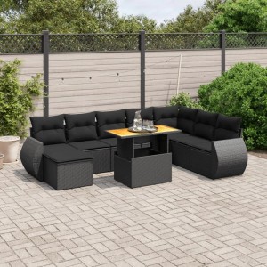 Schwarze 9-teilige Garten-Sofagarnitur aus Poly Rattan mit Tisch und Kissen.
