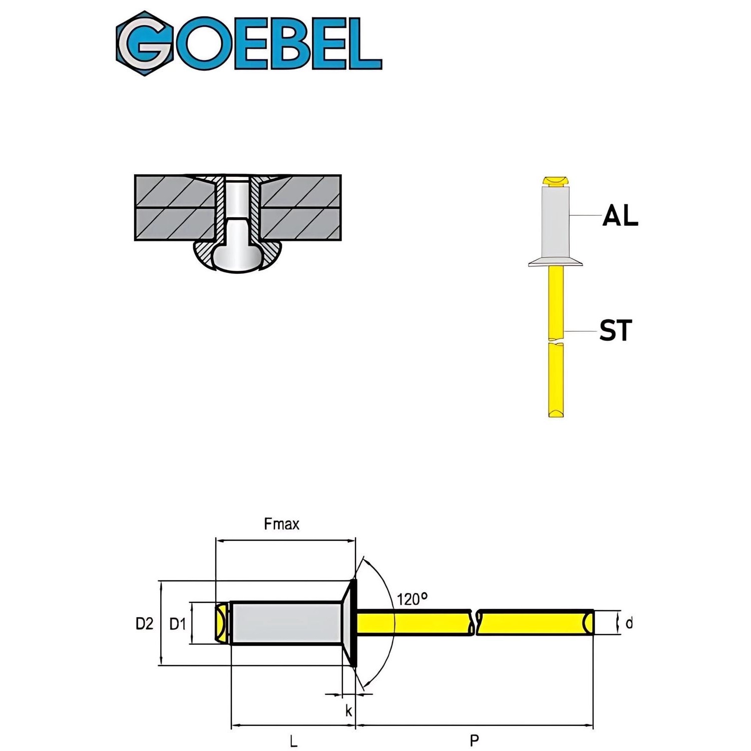 Technische Zeichnung einer Goebel Blindniete 3,2x10 mm mit Senkkopf aus Aluminium und Stahl.