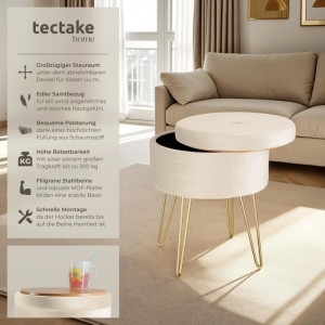 Cremefarbener Tectake Sitzhocker Ava mit Stauraum und goldenen Beinen.