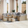 Beiges 12-teiliges vidaXL Garten-Sofa-Set aus Poly Rattan mit Tisch und Hockern.