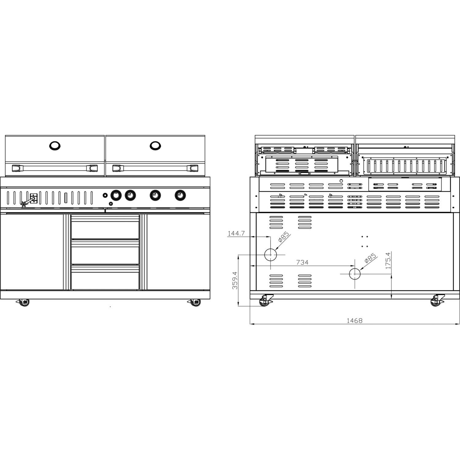 Technische Zeichnung: MyOutdoorKitchen Gas- und Holzkohlegrill Stainless Collection, Outdoorküche mit Maßen.